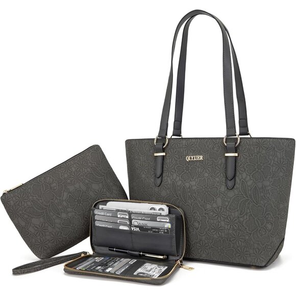 Chic Dark Grey 3-Piece Women's Purse and Wallet Set - Durable and Elegant Design - Picture 1 of 6